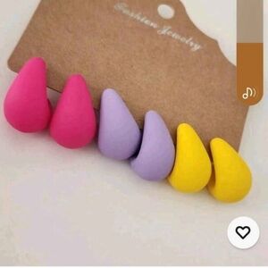 Colorful Teardrop Puffy Stud Earring Set - Pink, Lavender & Yellow New Trio Set